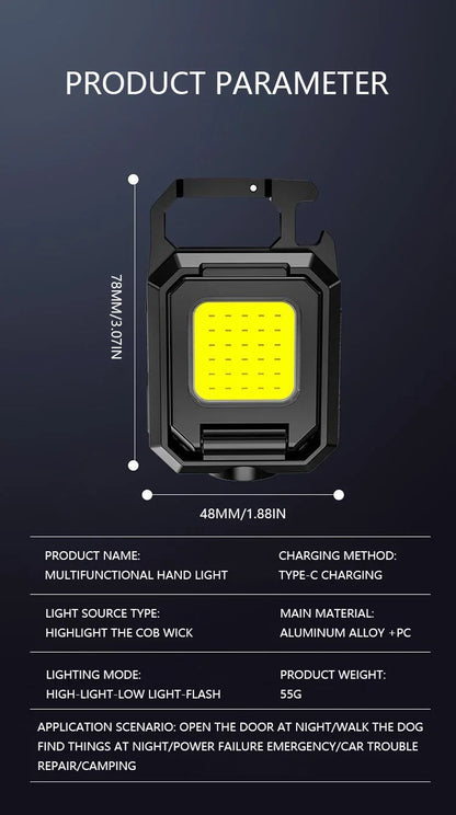 XPE Pocket Work Light 1000LM COB LED Mini Keychain Light USB Rechargeable Flashlight IPX4 Waterproof for Outdoor Camping Hiking Beauty Fashion