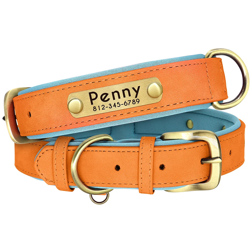 Customized PU Leather Nameplate Dog Collar Soft Padded Dogs Collars Free Engraving Name for Small Medium Large Dogs Adjustable Beauty World Shop