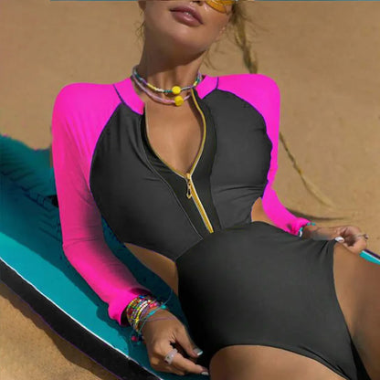 New Patchwork One-Piece Swimsuit Long Sleeve Swimwear Sports Backless Women's Swimming Bathing Suit Beach Wear Bather Surfing Beauty World Shop