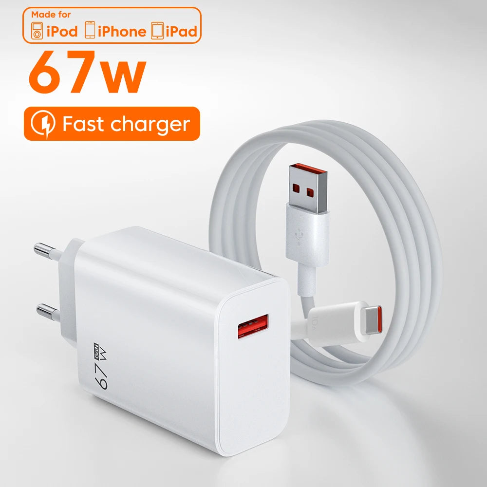 GaN USB Fast Charger Quick Charge 3.0 for Xiaomi 14 13 12 11 10 Ultra Redmi Note 12T 13 Pro Turbo 6A USB Type C Charging Cable Beauty World Shop