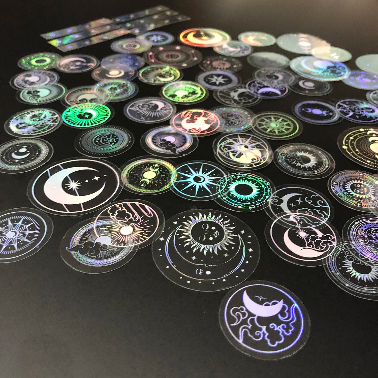 70 pcs PET Adhesive Stickers Waterproof Transparent Laser Silver Stickers Label: SUN MOON Stars Etc Beauty World Shop