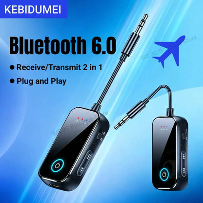 Bluetooth 6.0 AUX Audio Transmitter Receiver 2 IN 1 Wireless Adapter 3.5MM With Mic HiFi Stereo Music For Car TV PC Airplane Beauty World Shop
