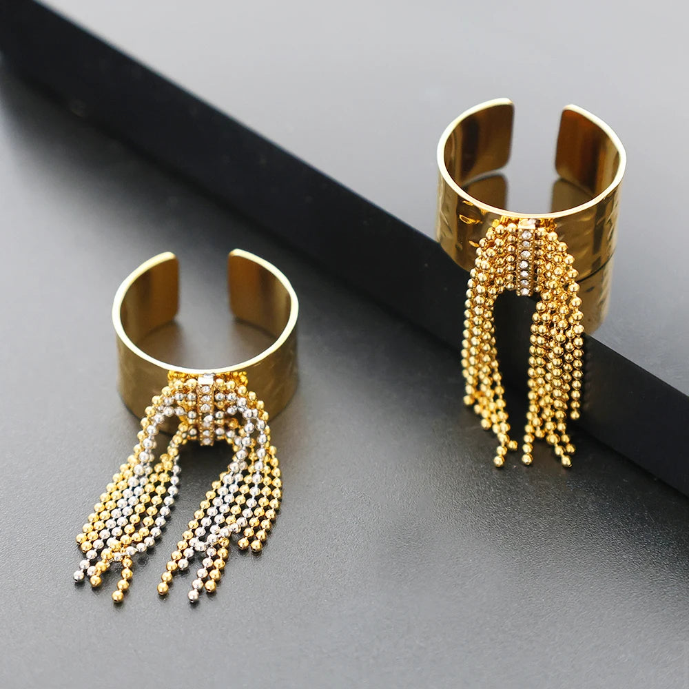 JOVO LOVE Stainless Steel Chain Tassel Finger Ring Adjustable Golden High Quality Charm Open Rings Stylish Waterproof Jewelry Beauty World Shop