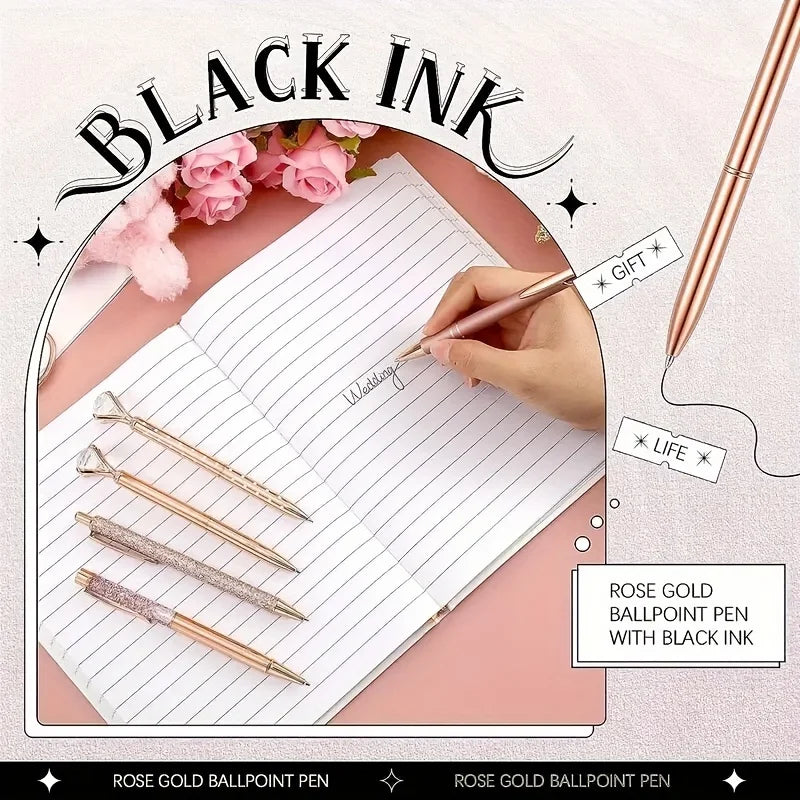 8pcs Rose Golden Ballpoint Pen Set - Stylish Metal Pens with Crystal Accents - Perfect for Students, Office, Gifts, and Weddings Beauty World Shop