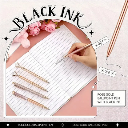 8pcs Rose Golden Ballpoint Pen Set - Stylish Metal Pens with Crystal Accents - Perfect for Students, Office, Gifts, and Weddings Beauty World Shop