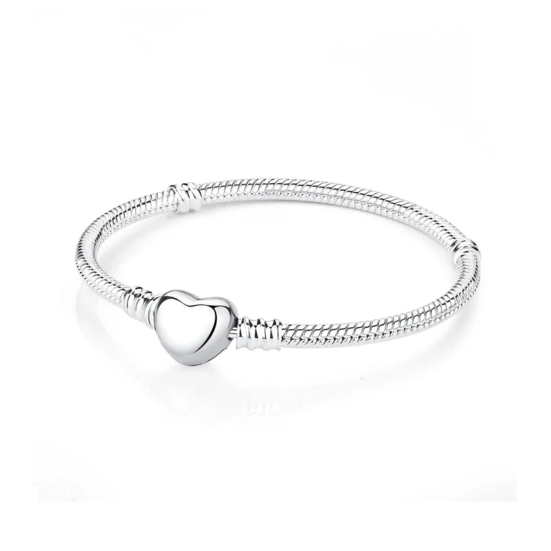 Original 925 Sterling Silver Bracelets Bangles Love Heart Clip Charms Beads Snake Chains For Women Rose Gold DIY Luxury Jewelry Beauty World Shop