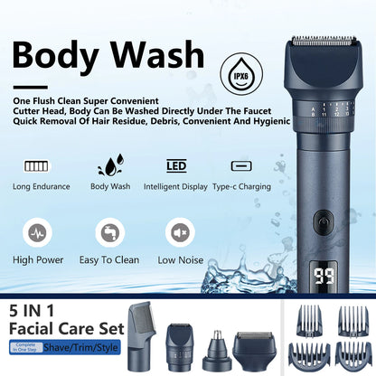 HOMEFISH 5 IN 1 Men's Electric Shaver IPX6 Waterproof Beard Trimmer Rechargeable Cordless Hair Clipper Body Grooming Kit Beauty World Shop