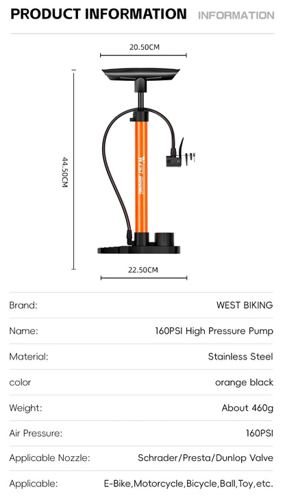 WEST BIKING 160PSI Bike Pump With Gauge Portable Stainless Steel Bike Pump Schrader Presta Valve Inflator Bike Accessories Beauty World Shop