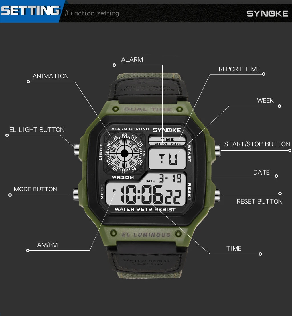 Synoke Outdoor Military Digital Watch For Men Fashion Retro Nylon Canvas Strap Sports Waterproof Watch Multifunctional Luminous Beauty World Shop