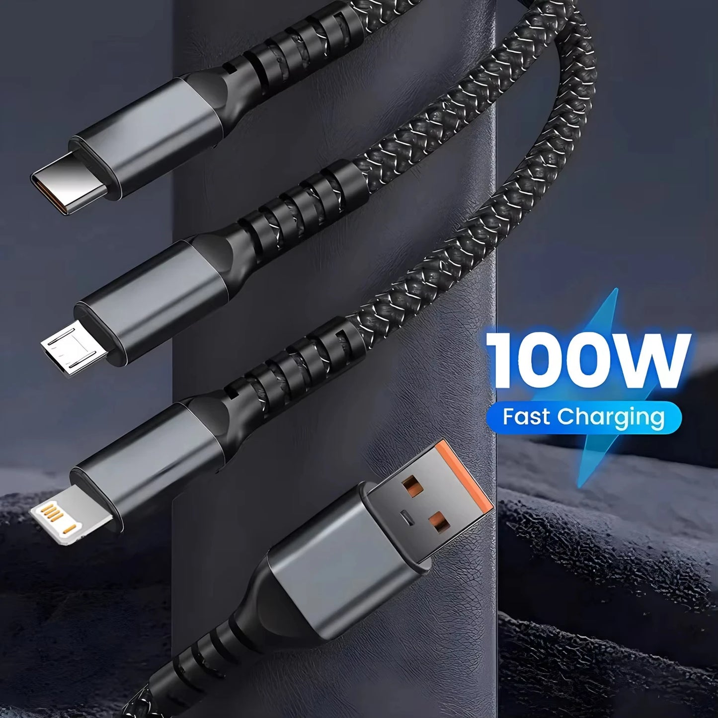 3-in-1 USB 100W 6A Fast Charger Cable Car USB To Type-C Micro LIGHTNING Cable For iPhone 16 15 14 13 Samsung Xiaomi Huawei Beauty World Shop