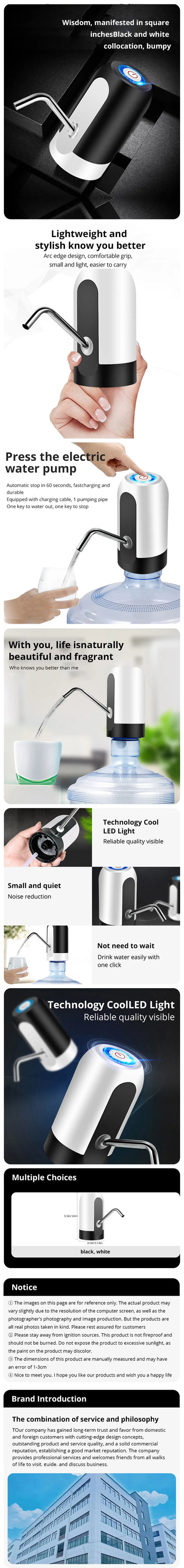 1pcWhite/Black Water Bottle Pump USB Charging Auto Switch Drinking Dispenser Charging One Click Auto Switch Drink Pump Dispenser Beauty World Shop