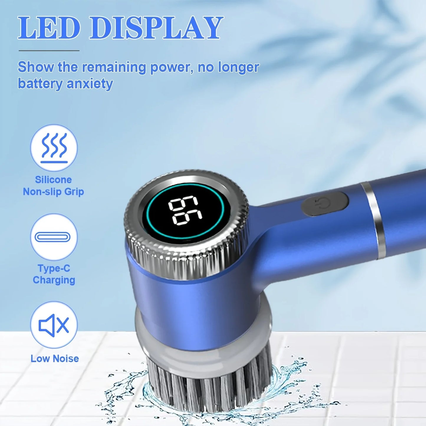 Electric Cleaning Brush LED Display with 5 Replaceable Brush Heads 3-speed Adjustable Cleaning Tool For Kitchen Bathroom