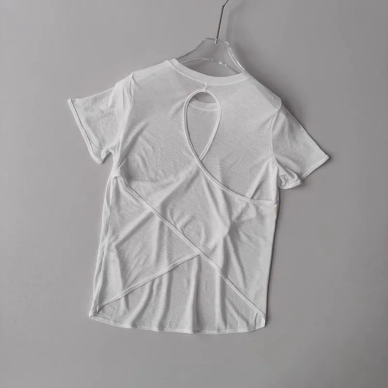 Women's Tight Sports T-shirt Quick Dry Short Sleeve Yoga T-shirt Pilates Fitting Fitness Back Hollow Out Running T-shirt Beauty World Shop