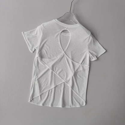 Women's Tight Sports T-shirt Quick Dry Short Sleeve Yoga T-shirt Pilates Fitting Fitness Back Hollow Out Running T-shirt Beauty World Shop