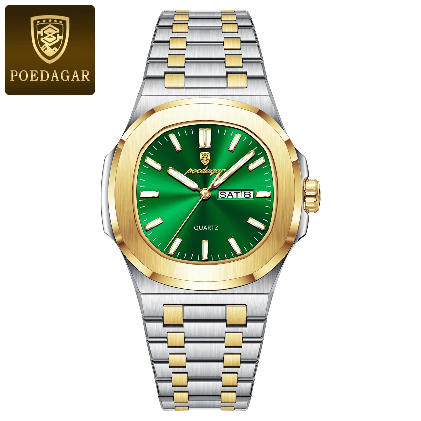 POEDAGAR Square Luxury Men's Wristwatch Luminous Waterproof Stainless Steel Male Clock Week Date Original Quartz Watches For Men Beauty World Shop