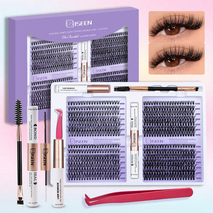 ISEEN DIY Eyelash Extension Kit Cluster Mix Eyelashes Full Set Lashes Kit with Lash Bond & Seal and Eyelash Tweezers and Brush Beauty World Shop