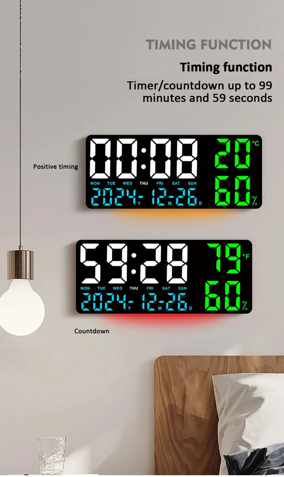 Digital Wall Clock with Atmosphere Lights Remote Control TEMP Humidity Display LED Large Table Clock Multifunctional Alarm Clock Beauty World Shop