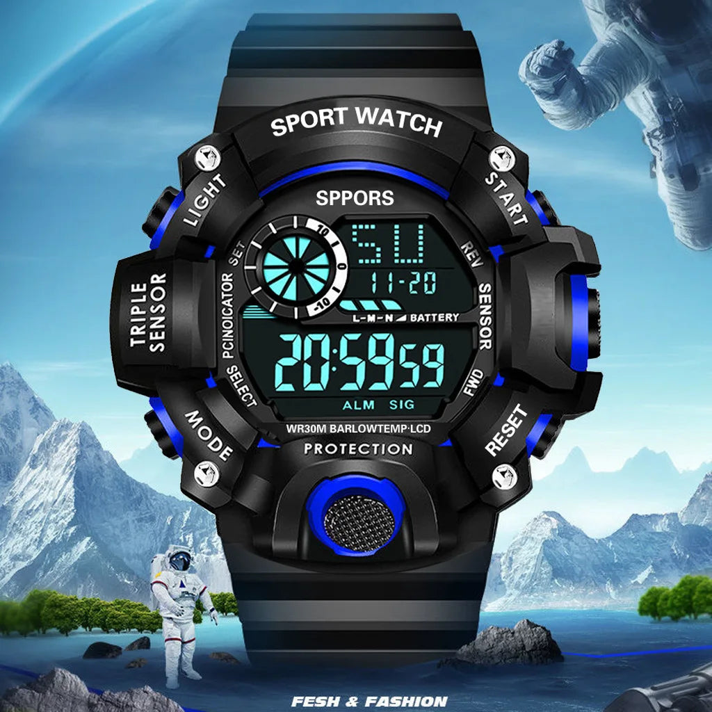 Fashion Men's Watch Sports Electronic Wristwatch Large dial Multifunctional Waterproof Luminous Alarm Kids Male's Military Watch Beauty World Shop
