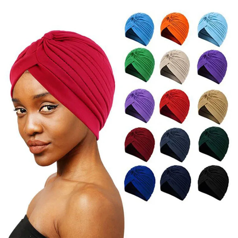 New Knotted Ruffle Turban Ladies Soft Headscarf Casual Streetwear Female Muslim Hijab Indian Hats Cancer Chemo Cap Turbante Beauty World Shop