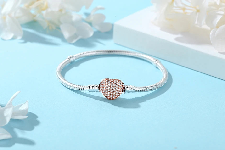 Original 925 Sterling Silver Bracelets Bangles Love Heart Clip Charms Beads Snake Chains For Women Rose Gold DIY Luxury Jewelry Beauty World Shop