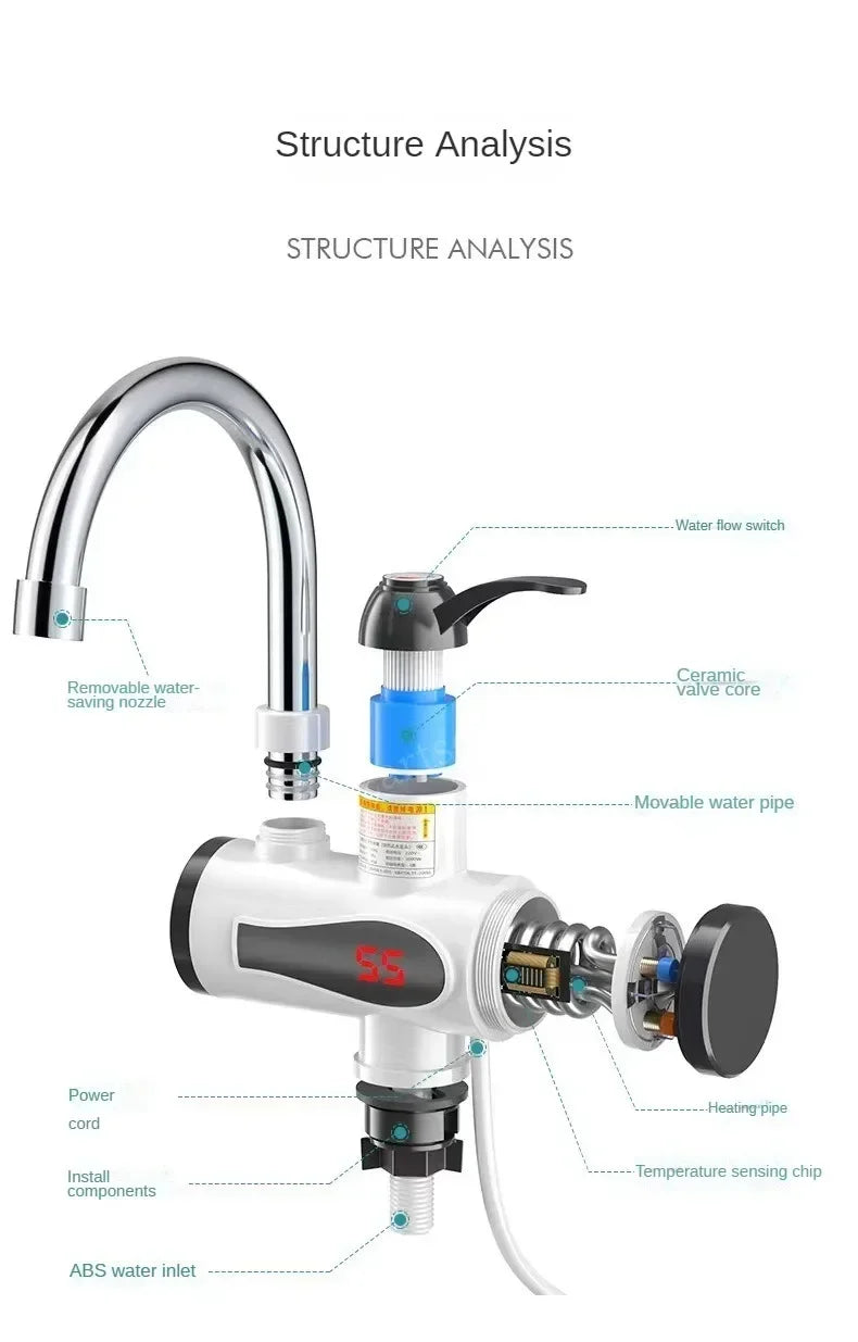 3000W Electric Kitchen Water Heater Tap Instant Hot Water Faucet Heater Cold Heating Faucet Tankless Instantaneous Water Heater Beauty World Shop