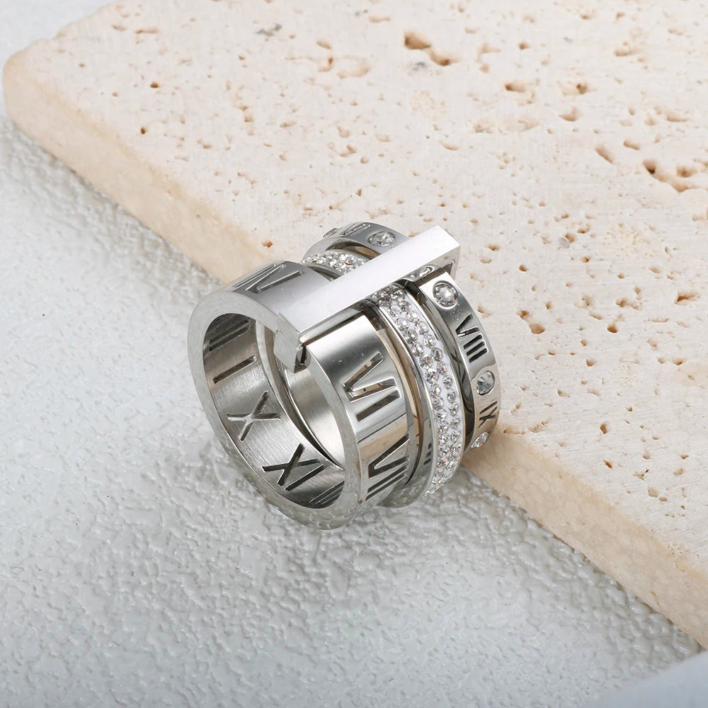 Three Layers Roman Numerals Ring for Women Luxury Stainless Steel Rotatable Crystal Finger Rings Female Wedding Trendy Jewelry Beauty World Shop