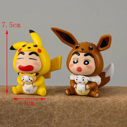 6pcs/set Crayon Shin-chan COS Pokemon Psyduck Pikachu Eevee Charmander Bulbasaur Squirtle Anime Figure Cute Doll Model Toys Beauty World Shop