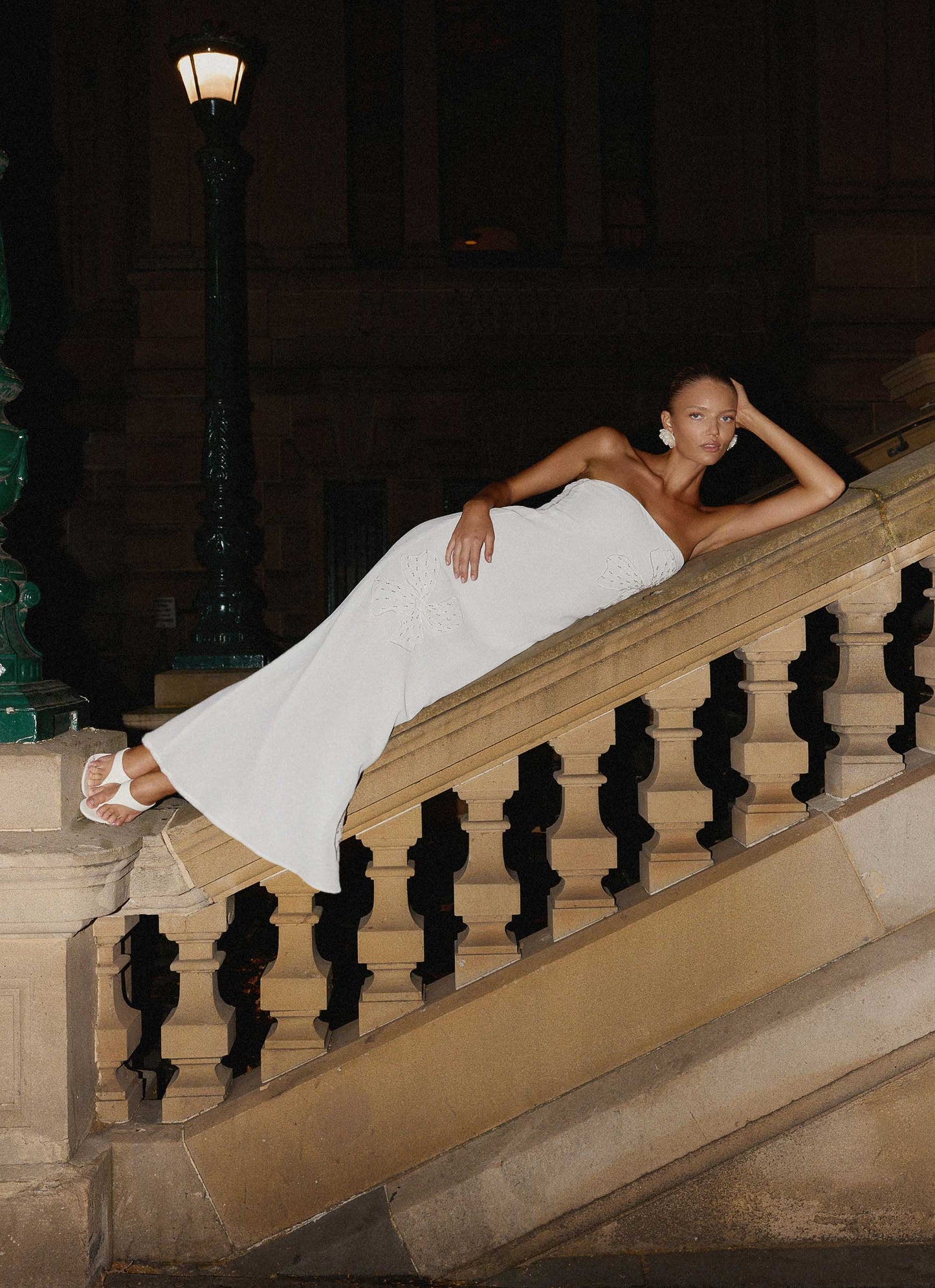 Sassafras Beaded Flower Strapless Maxi Dress - White Peppermayo Exclusive