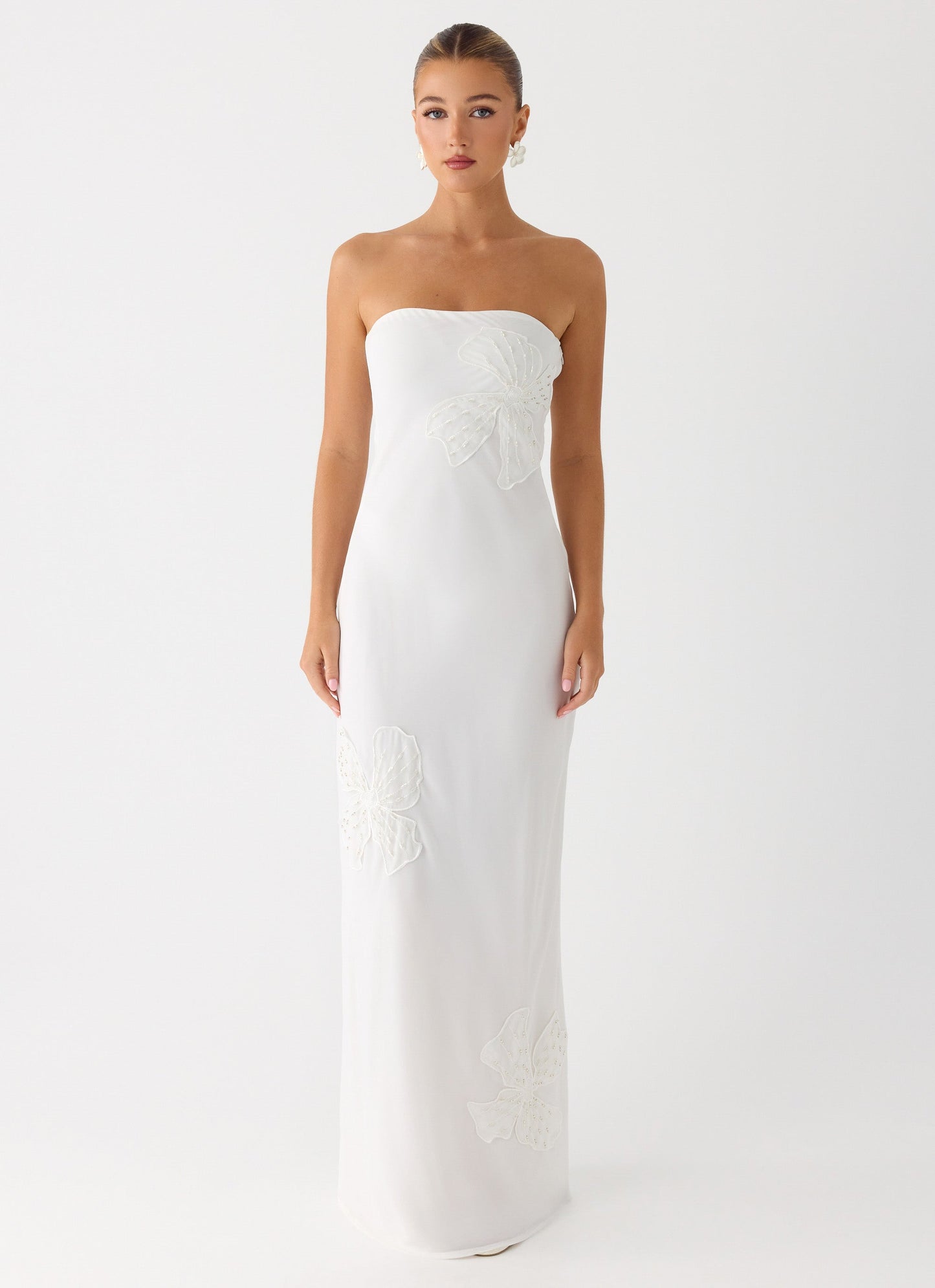 Sassafras Beaded Flower Strapless Maxi Dress - White Peppermayo Exclusive