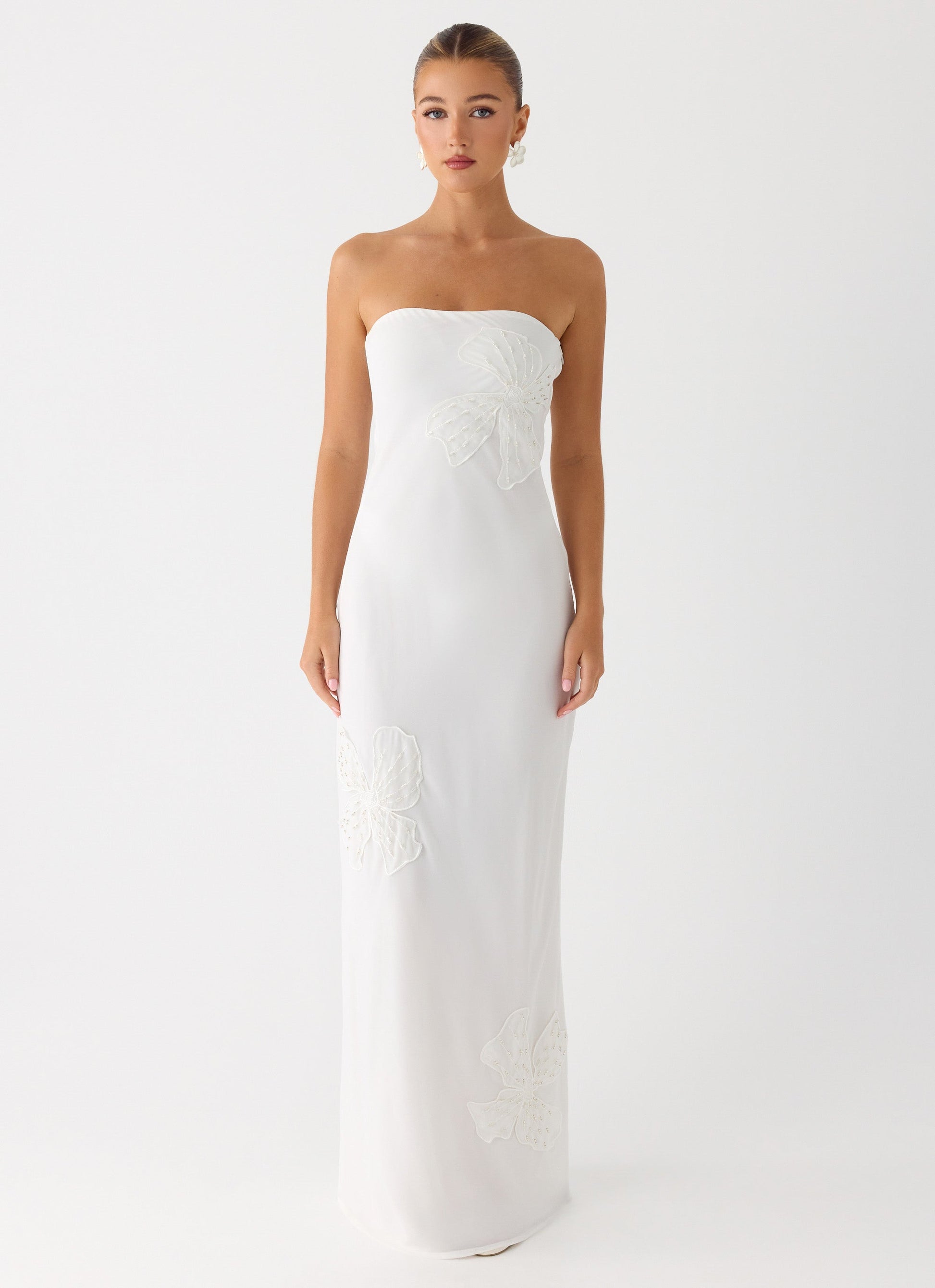 Sassafras Beaded Flower Strapless Maxi Dress - White Peppermayo Exclusive