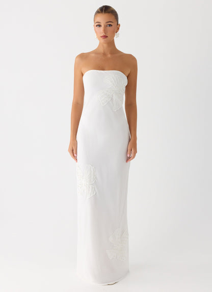 Sassafras Beaded Flower Strapless Maxi Dress - White Peppermayo Exclusive
