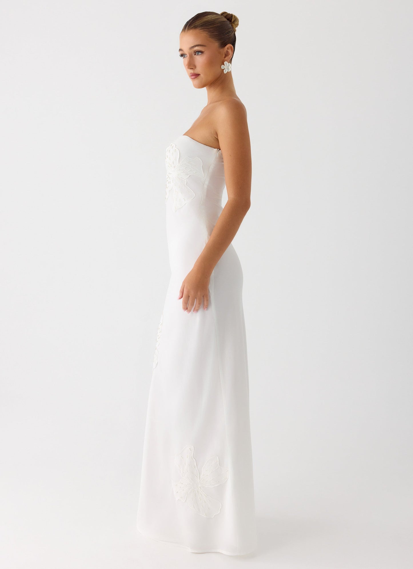 Sassafras Beaded Flower Strapless Maxi Dress - White Peppermayo Exclusive