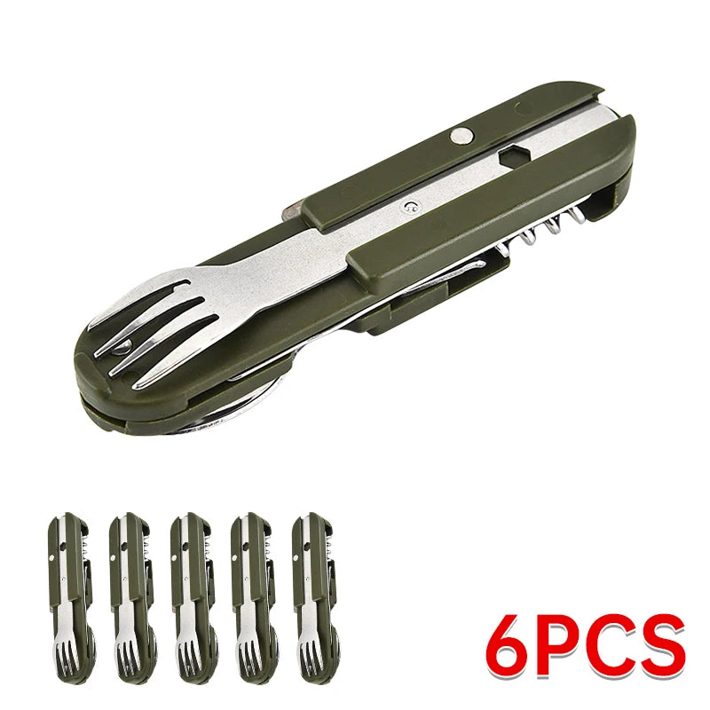 7 in 1 Camping Gear Portable Stainless Steel Spoon Fork Knife and Bottle Opener Combination Set Travel, Backpack Style Tableware Beauty World Shop
