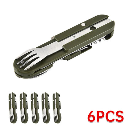 7 in 1 Camping Gear Portable Stainless Steel Spoon Fork Knife and Bottle Opener Combination Set Travel, Backpack Style Tableware Beauty World Shop