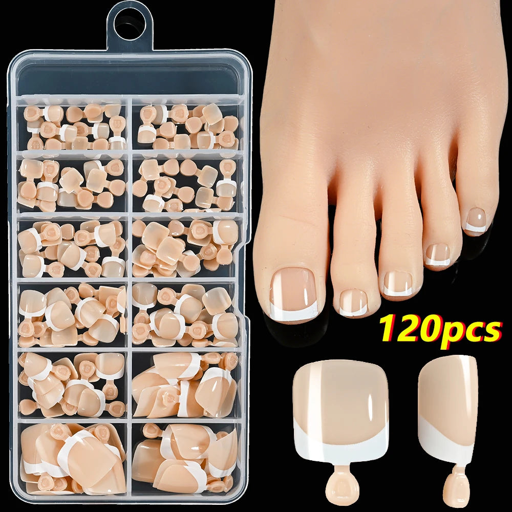 120Pcs 9-Colors French Fake Toenails Summer Short Sqaure Press On Toe Nails Tips Glossy Nude/Pink/Brown Full Cover False Toenail Beauty World Shop
