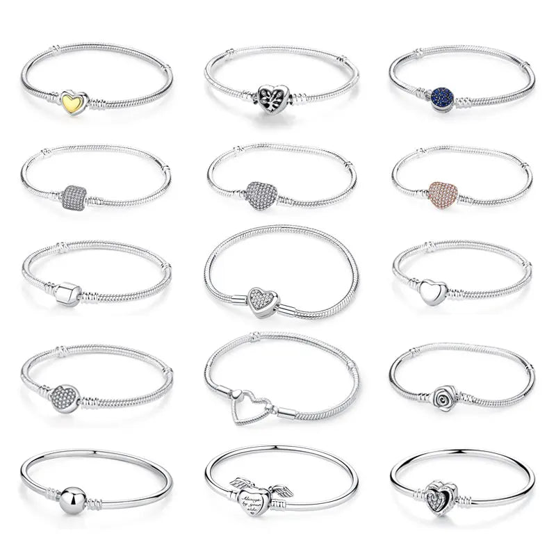 Original 925 Sterling Silver Bracelets Bangles Love Heart Clip Charms Beads Snake Chains For Women Rose Gold DIY Luxury Jewelry Beauty World Shop