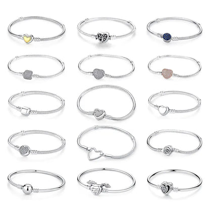 Original 925 Sterling Silver Bracelets Bangles Love Heart Clip Charms Beads Snake Chains For Women Rose Gold DIY Luxury Jewelry Beauty World Shop