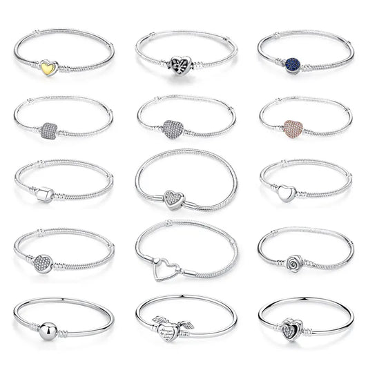 Original 925 Sterling Silver Bracelets Bangles Love Heart Clip Charms Beads Snake Chains For Women Rose Gold DIY Luxury Jewelry Beauty World Shop