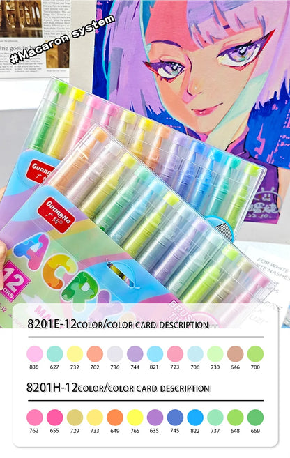 GuangNa 12-72 Colors Soft Brush Acrylic Marker Pen Set,Skin Tone, Macaron color,DIY Hand Drawn,Paint Art Markers pens,GN.8201F/M Beauty World Shop