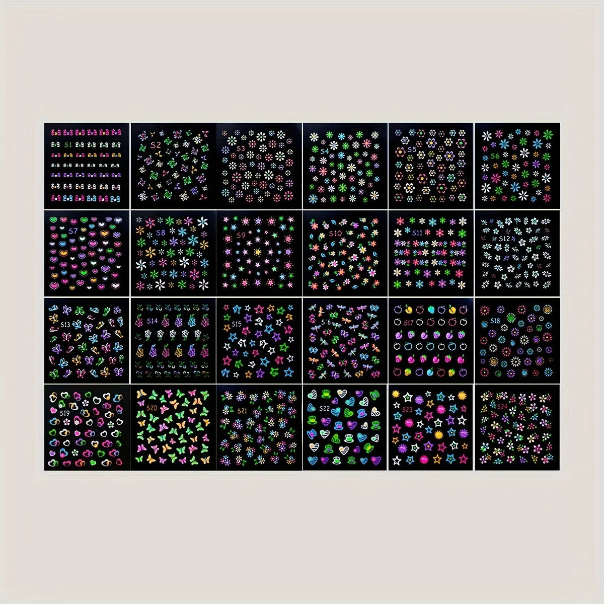30 Sheets 3D Glow in The Dark Neon Nail Stickers - Glittery Glossy Self-Adhesive Nail Art Decorations with Butterfly, Love Heart Beauty World Shop
