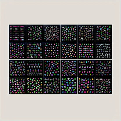 30 Sheets 3D Glow in The Dark Neon Nail Stickers - Glittery Glossy Self-Adhesive Nail Art Decorations with Butterfly, Love Heart Beauty World Shop