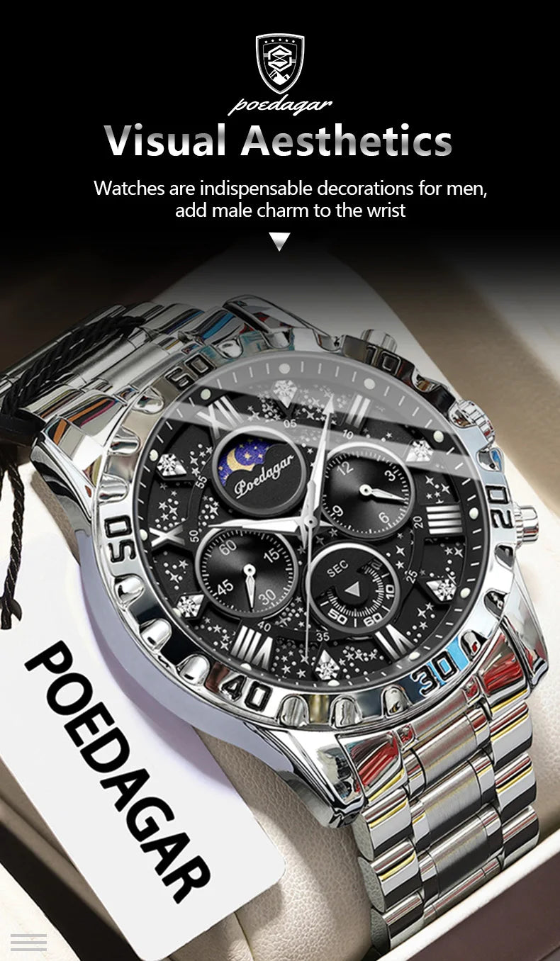 POEDAGAR Luxury Man Watch Waterproof Luminous Stainless Steel Quartz Men's Wristwatch Chronograph Military Watches For Men Reloj Beauty World Shop