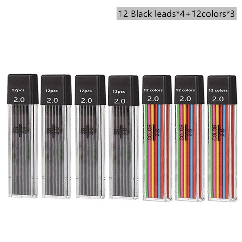 Mechanical Pencil Set 2.0 mm with 2B Black/Colors Lead Refill For Writing Sketching Art Drawing Painting School Automatic Pencil Beauty World Shop