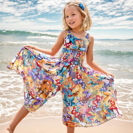 Bohemian Summer Girls Flower Dress Kids Girl Beach Dresses Chiffon Kids Dresses Floral Teenager Girls Clothes 6 8 10 12 14 Year THee STORE