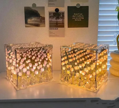 Creative Diy Tulip Flower Sea Cube Three-Dimensional Small Night Lamp Material Package for Girlfriend Couple Girlfriends Beauty World Shop