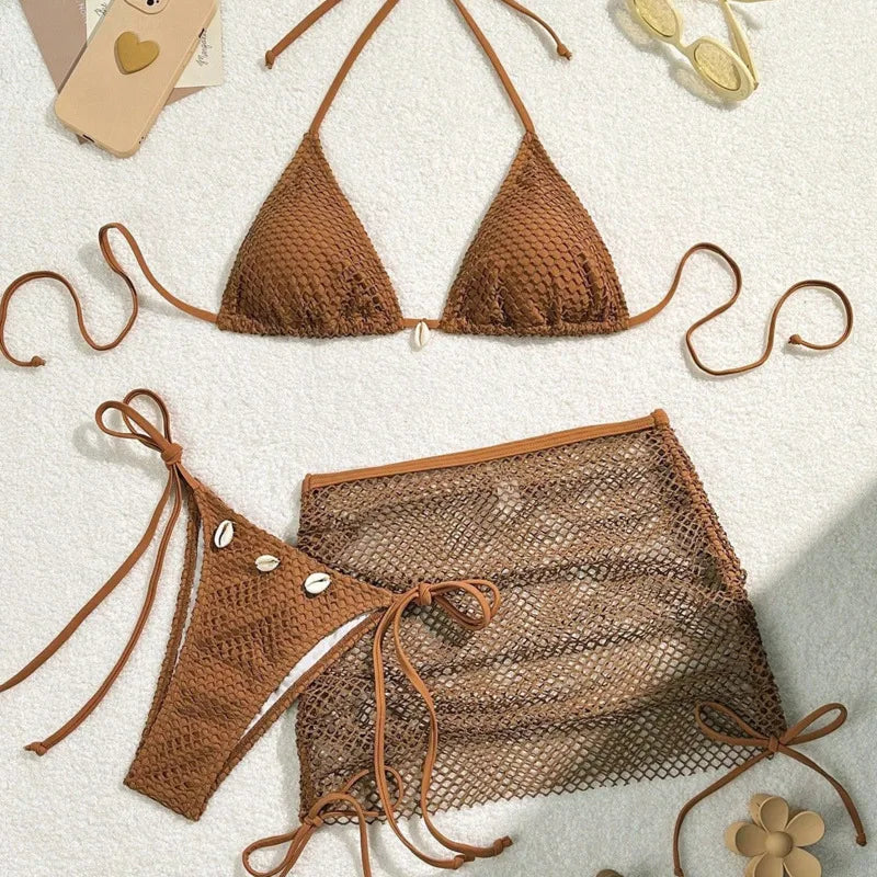 New Sexy Net Bikinis Female Swimsuits Women Three-Piece Swimwear Beach Swim Wear Bathing Suits Brazilian Bikini Set Pool Bather Beauty World Shop