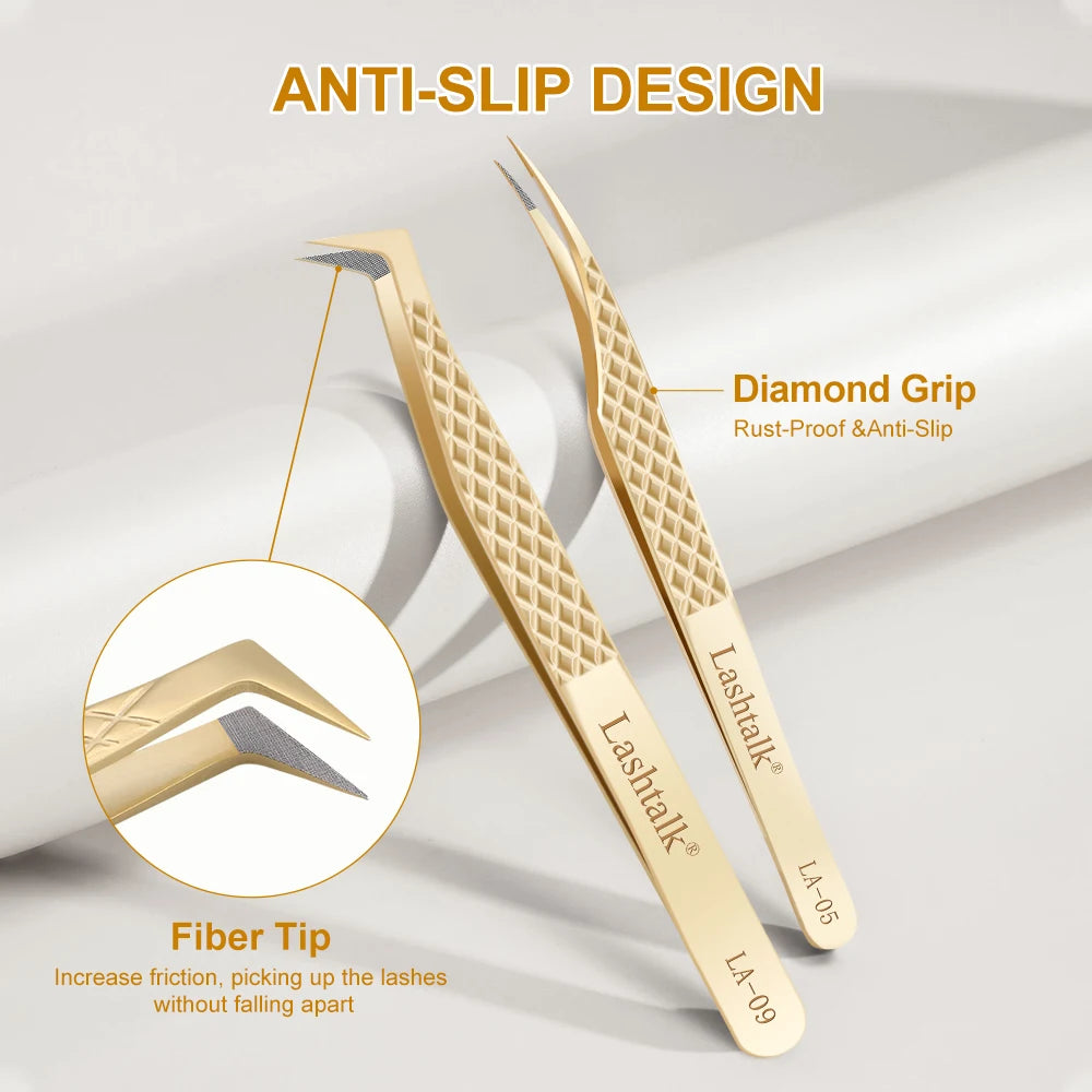 Lashtalk Precision Fiber Tip Tweezer Eyelash Extensions Diamond Grip Anti-Slip Premium Gold Stainless Steel Makeup With Box Pack Beauty World Shop
