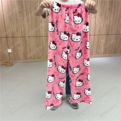 2024 Sanrio Hello Kitty Pajamas Halloween Flannel Fashion Trouserswomen Kawaii Woolen Anime Cartoon Casual Home Pants Autumn Beauty Fashion