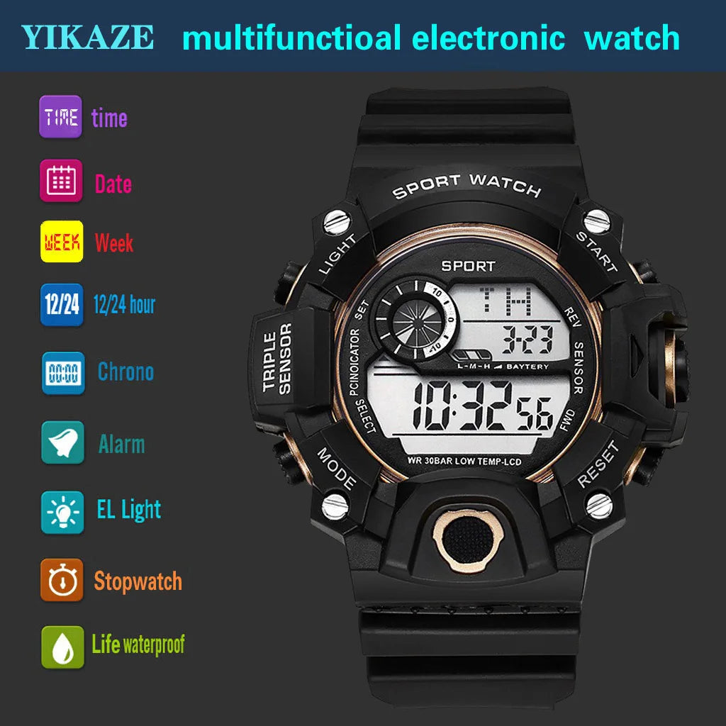 Fashion Men's Watch Sports Electronic Wristwatch Large dial Multifunctional Waterproof Luminous Alarm Kids Male's Military Watch Beauty World Shop