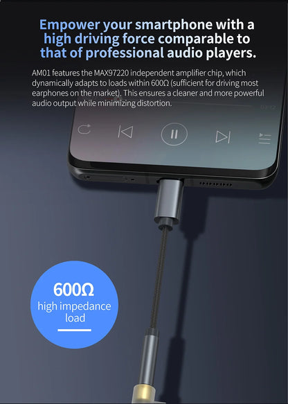 KZ AM01 Cable Type-C to 3.5mm Audio Adapter Line 32bit/384kHz Hi-Fi DAC + IC Amplifier Dual Chip Earphone Audio Cable